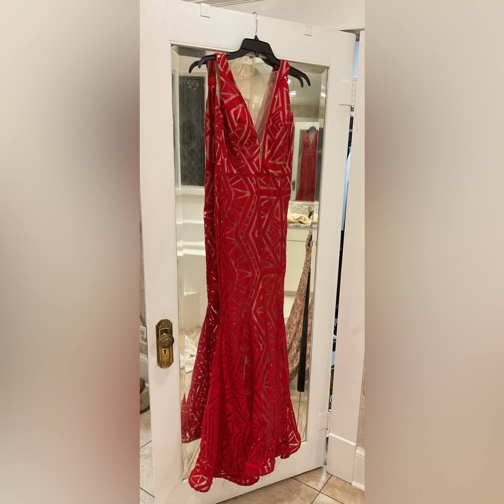 Nicole Bakti Red Sequin Embellished Gown